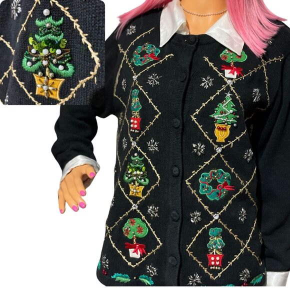 OHI Vintage Black Christmas Holiday Knit Cardigan Sweater Embroidered Beaded - Picture 8 of 13